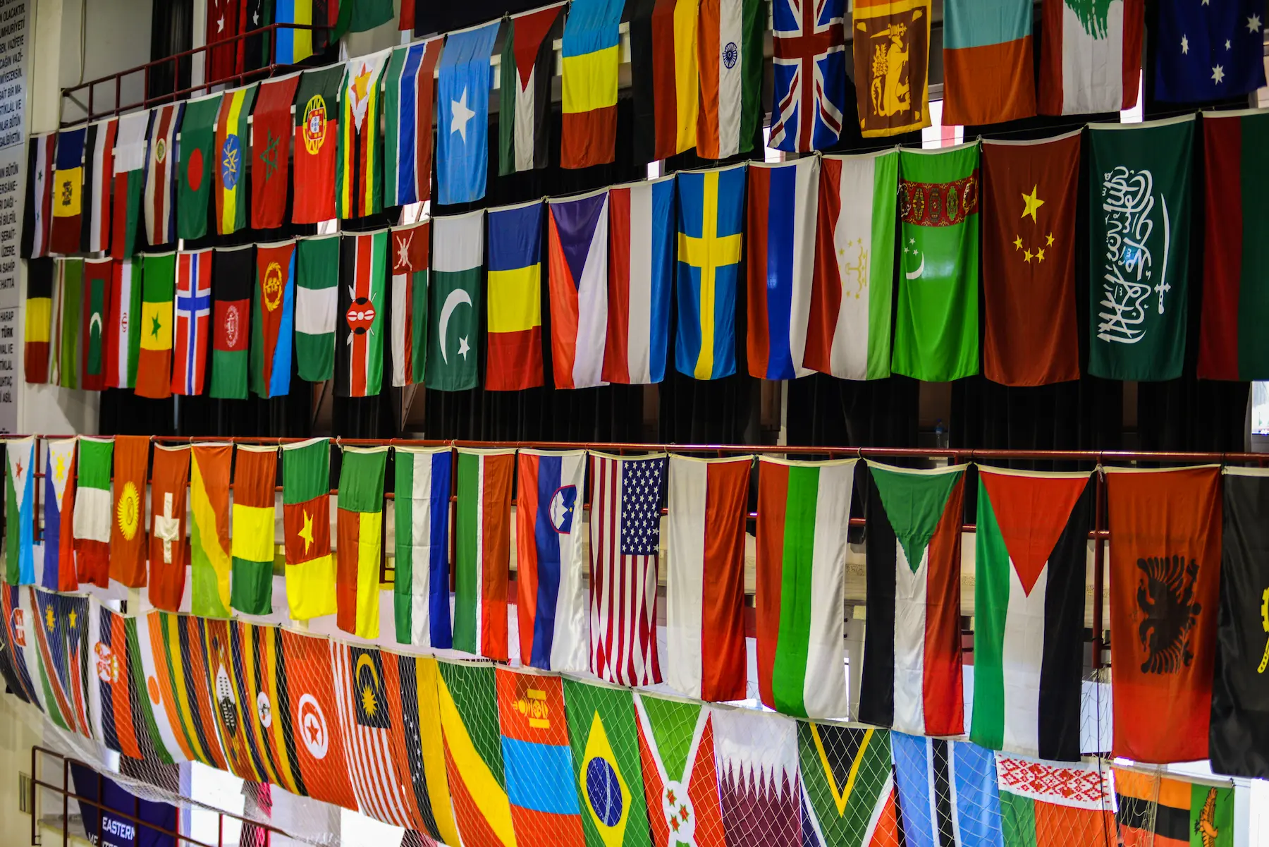International flags hanging overhead