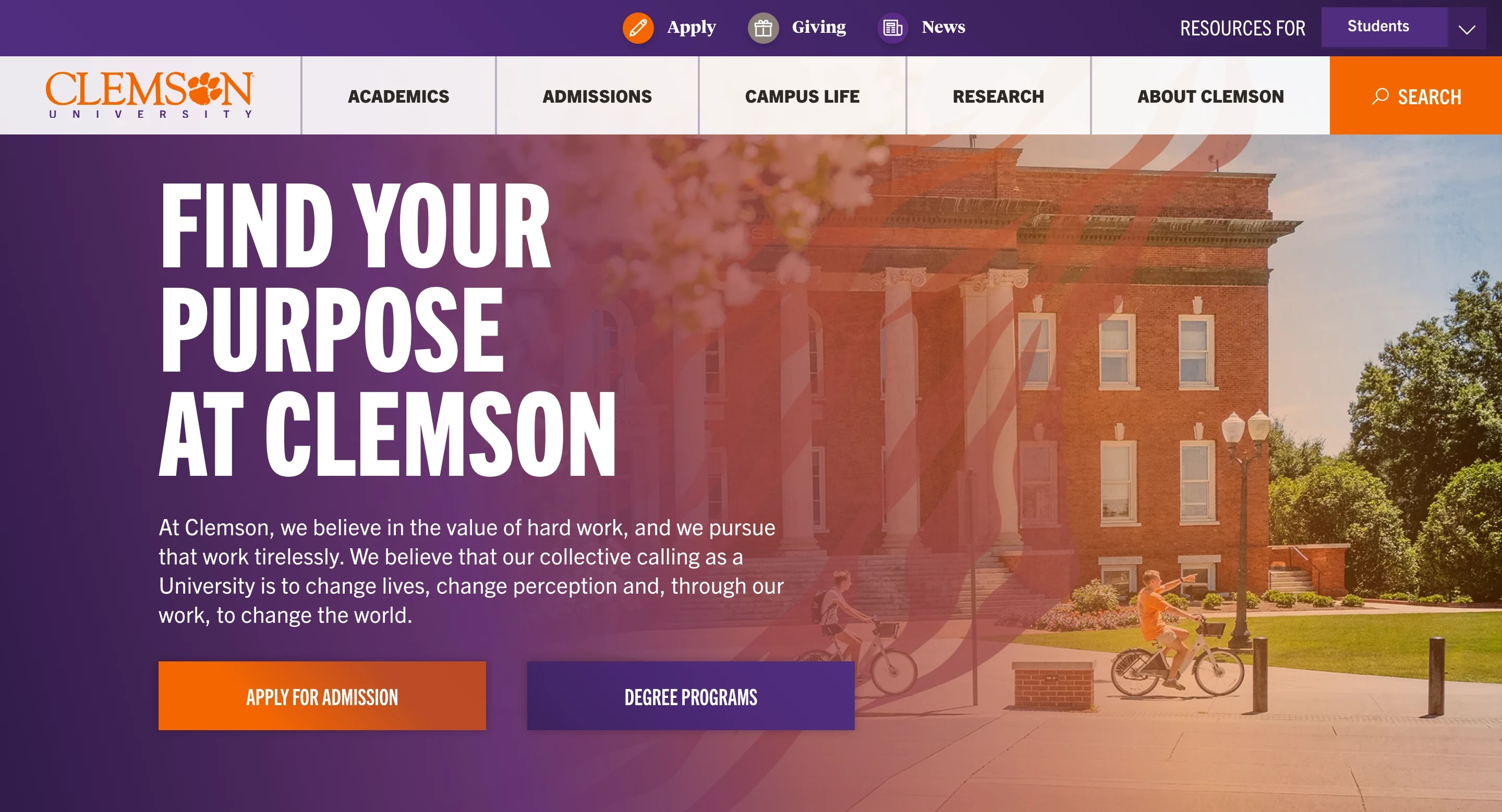 Screenshot of the Clemson University homepage featuring the “Find Your Purpose at Clemson” hero banner and main navigation.