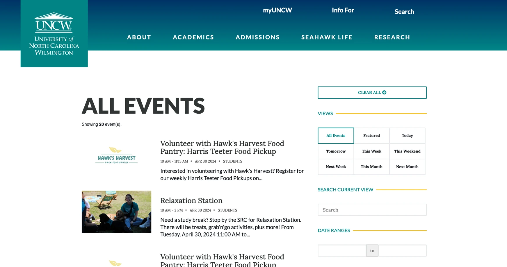 screenshot of unc wilmington calendar page