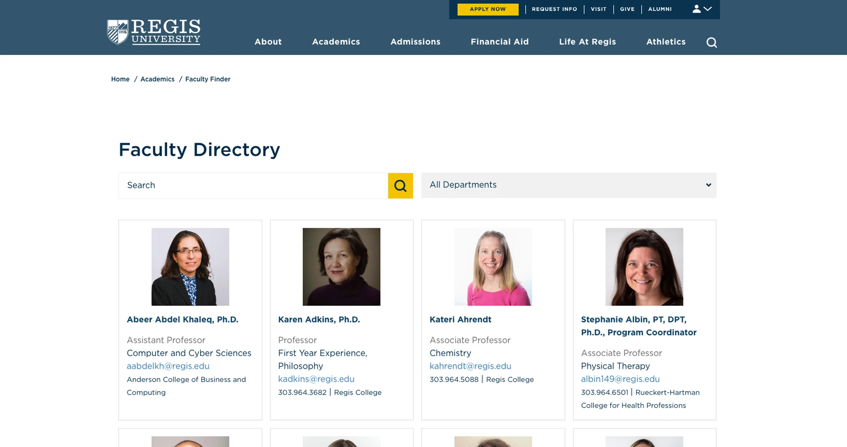 regis university faculty finder screenshot