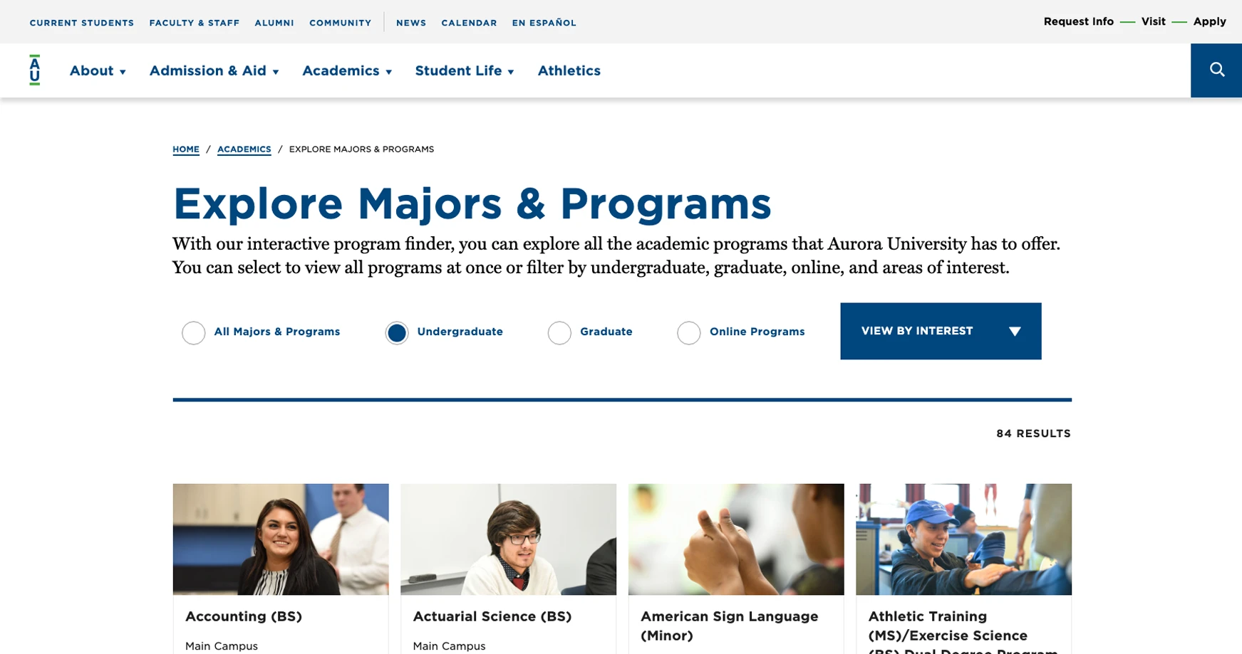 aurora university program finder screenshot