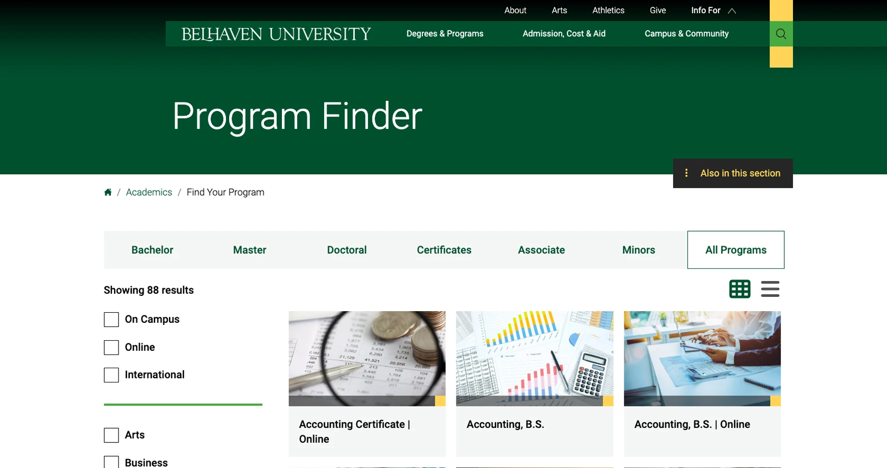 belhaven univesity program finder screenshot