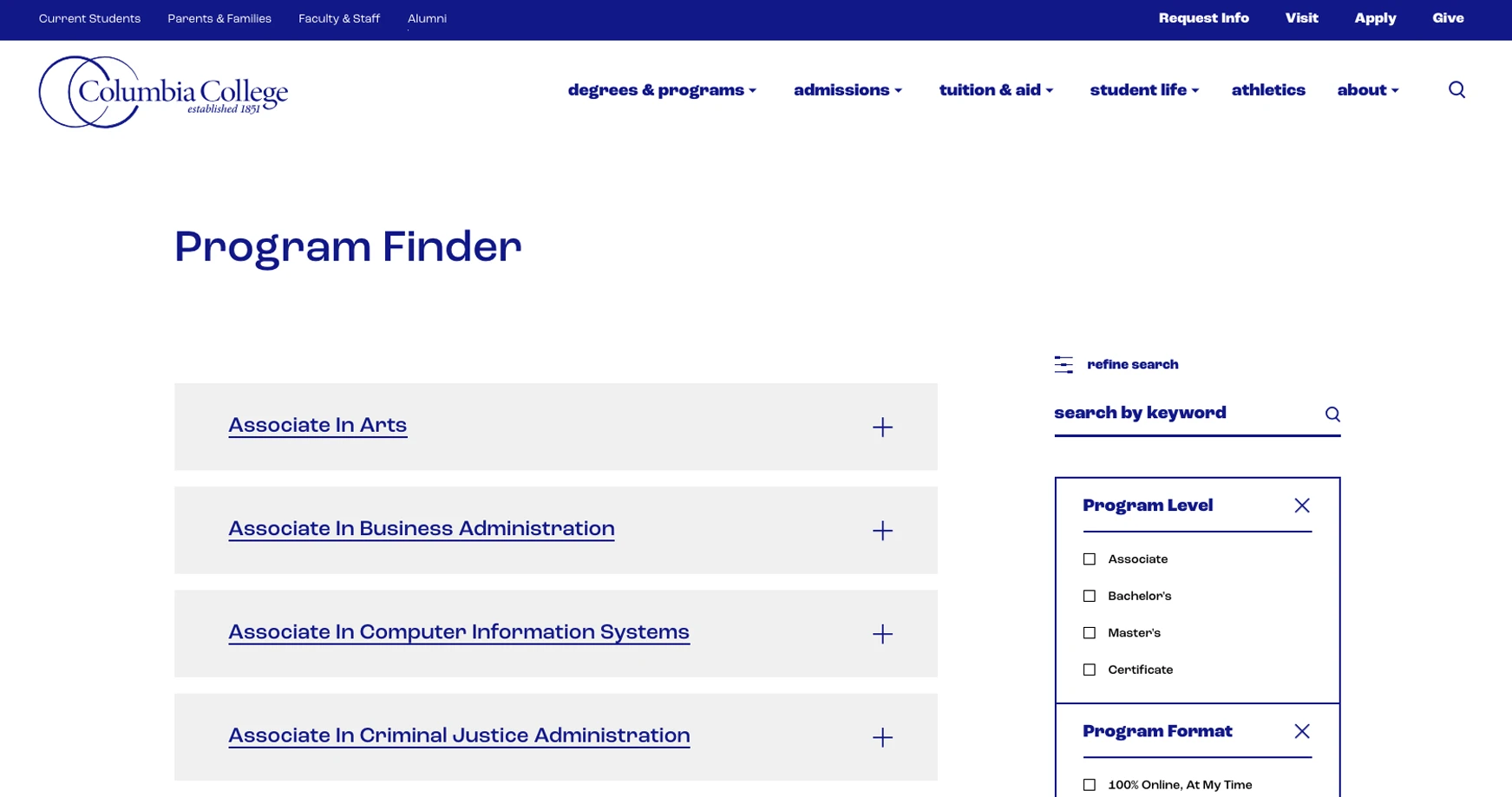 columbia college program finder screenshot