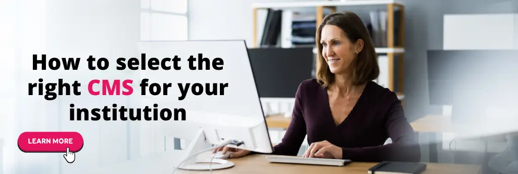 Woman working at a computer, focusing on selecting the right content management system (CMS) for institutions.