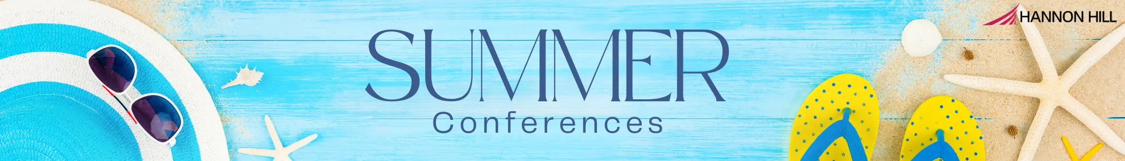 Colorful banner for "Summer Conferences" featuring beach-themed elements like sunglasses, flip-flops, and starfish against a blue background.