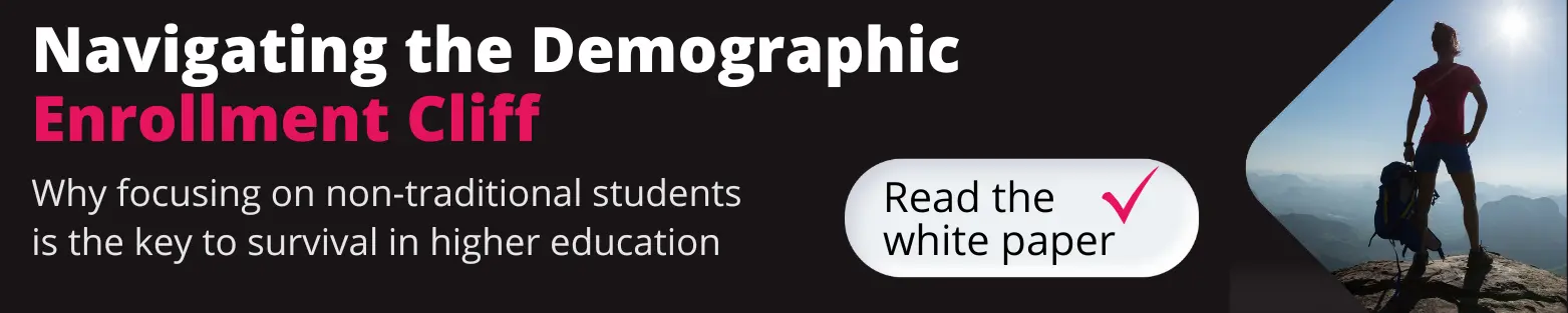 A promotional banner for a white paper discussing the importance of targeting non-traditional students amid declining enrollment in higher education.