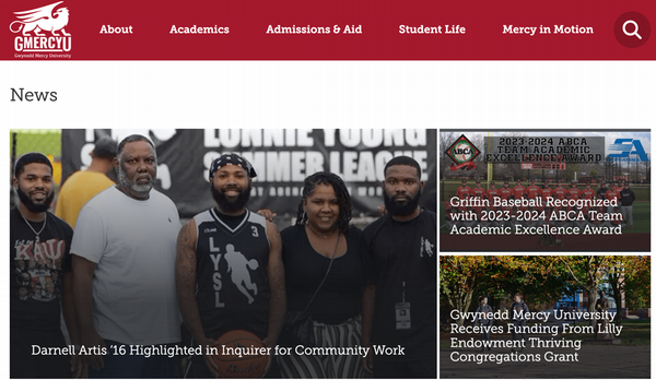 News page on the Gwynedd Mercy University website. The main story features Darnell Artis '16 highlighted in the Inquirer for community work, with a group photo of five people. To the right, there are stories about Griffin Baseball being recognized with the 2023-2024 ABCA Team Academic Excellence Award and Gwynedd Mercy University receiving funding from the Lilly Endowment Thriving Congregations Grant.