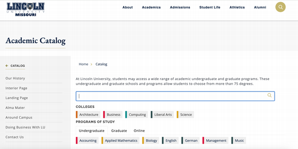 Academic Catalog page on the Lincoln University of Missouri website. The page includes a search bar, options to view information about the university, and categories for programs of study such as Architecture, Business, Computing, Liberal Arts, and Science. The page also lists various undergraduate, graduate, and online programs including Accounting, Applied Mathematics, Biology, English, German, Management, and Music