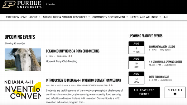 Upcoming Events page on the Purdue University Extension website. The page features events such as the Dekalb County Horse & Pony Club Meeting on August 5, 2024, and the Introduction to Indiana 4-H Invention Convention Webinar on August 6, 2024. Upcoming featured events include Community Garden Lessons on August 8, 2024, 4-H Senior Public Speaking Contest on August 10, 2024, and Intro to Farm Rescue on August 12, 2024