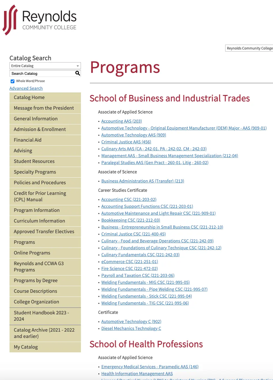 List of programs on Reynolds CC's website