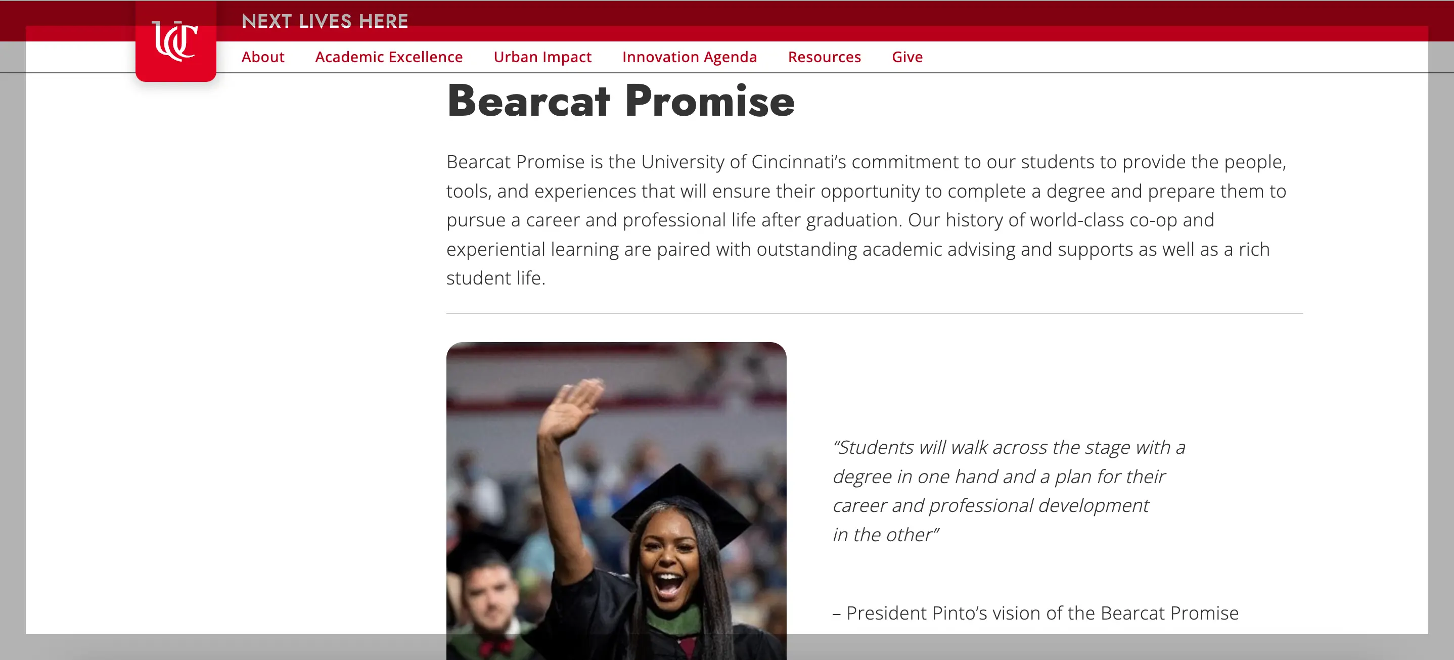 A smiling graduate raises her hand in celebration during a graduation ceremony, representing the Bearcat Promise commitment to student success at the University of Cincinnati.