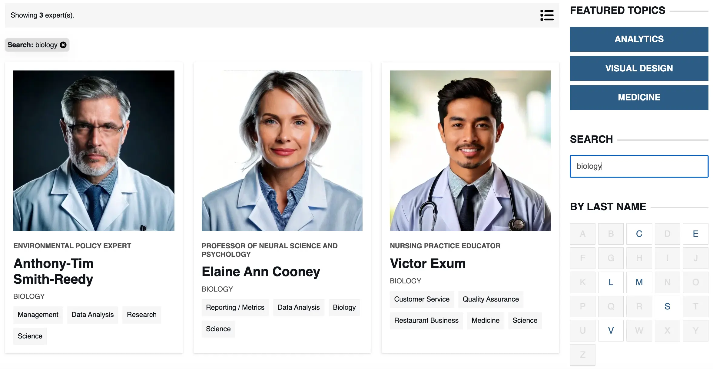 Three professional portraits of individuals in lab coats, showcasing experts in various fields: Anthony-Tim Smith-Reedy (environmental policy expert), Elaine Ann Cooney (professor of neural science and psychology), and Victor Exum (nursing practice educator).