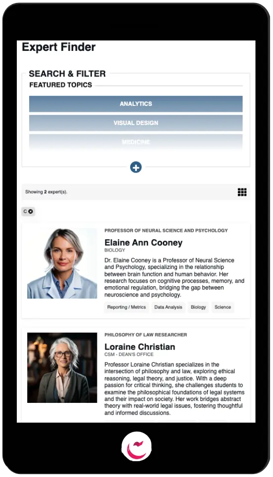 Image of a cell phone with a screen shot of Hannon Hill's expert finder.