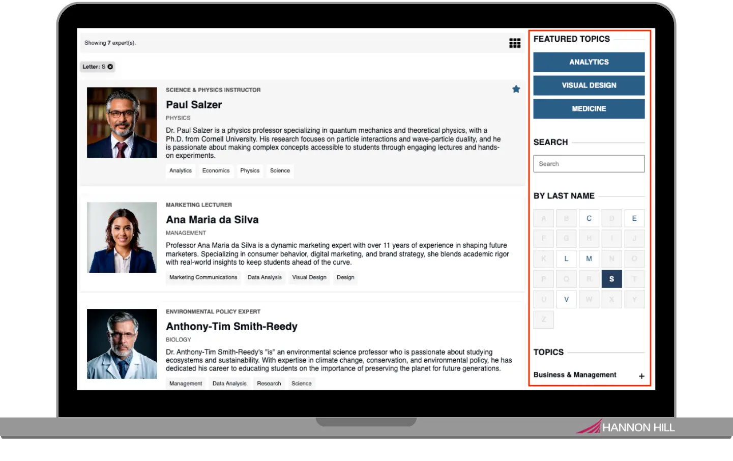 Screenshot of a webpage featuring faculty profiles with a focus on various academic topics like analytics and visual design.