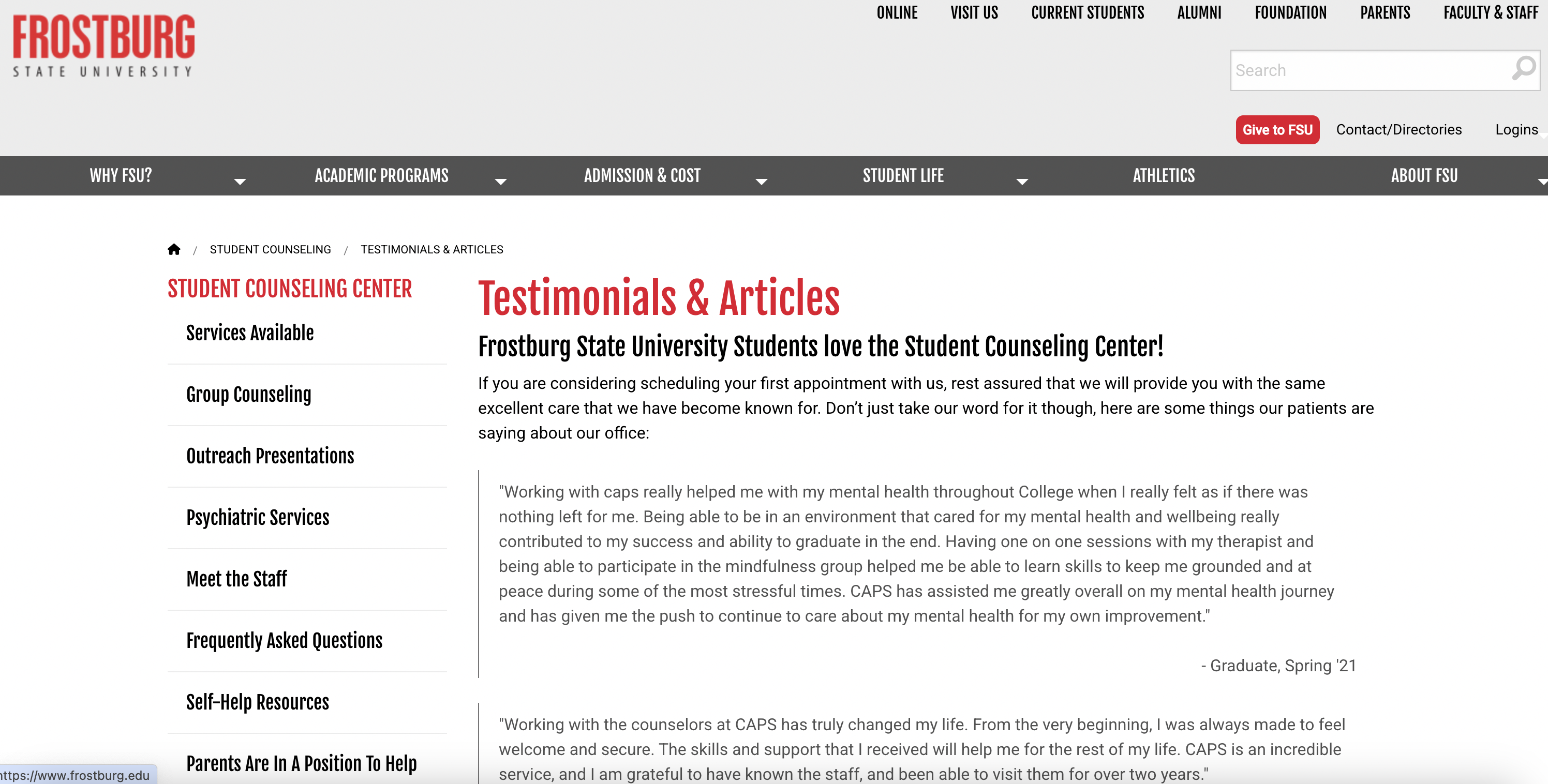 Testimonial highlighting a positive experience with the Frostburg State University Student Counseling Center, emphasizing the support received.