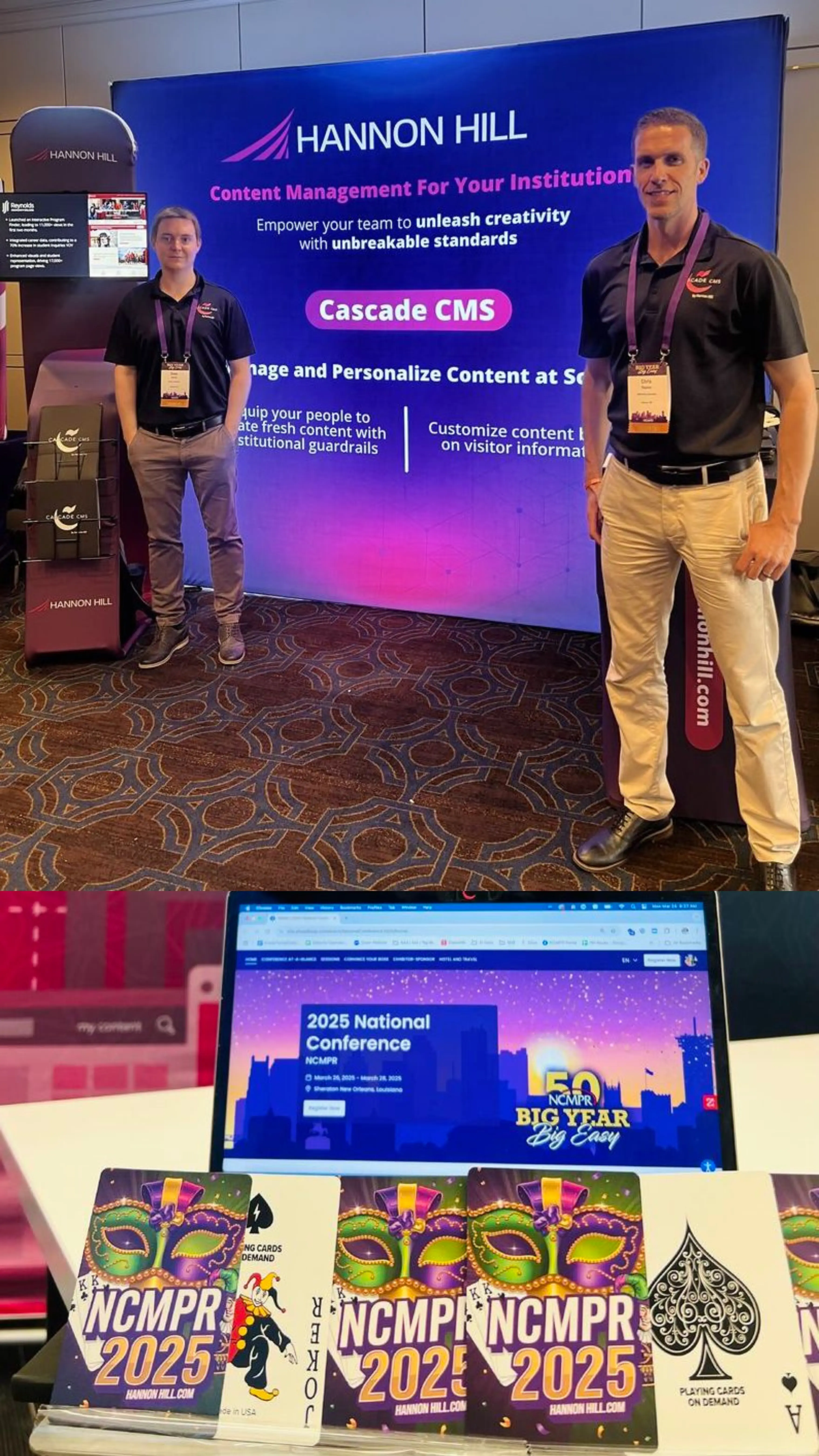 Two men standing beside a Hannon Hill display at a conference, promoting Cascade CMS and showcasing materials for the 2025 National Conference.