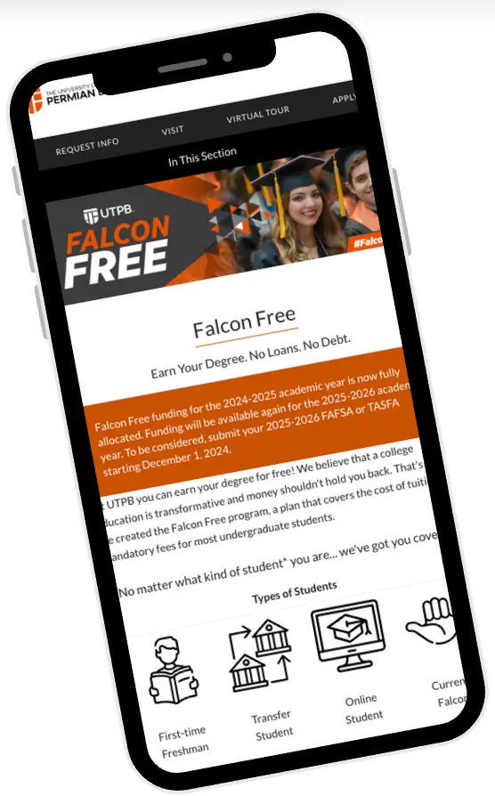 Smartphone display showcasing the Falcon Free program details for UTPB, promoting degree funding options without loans or debt.