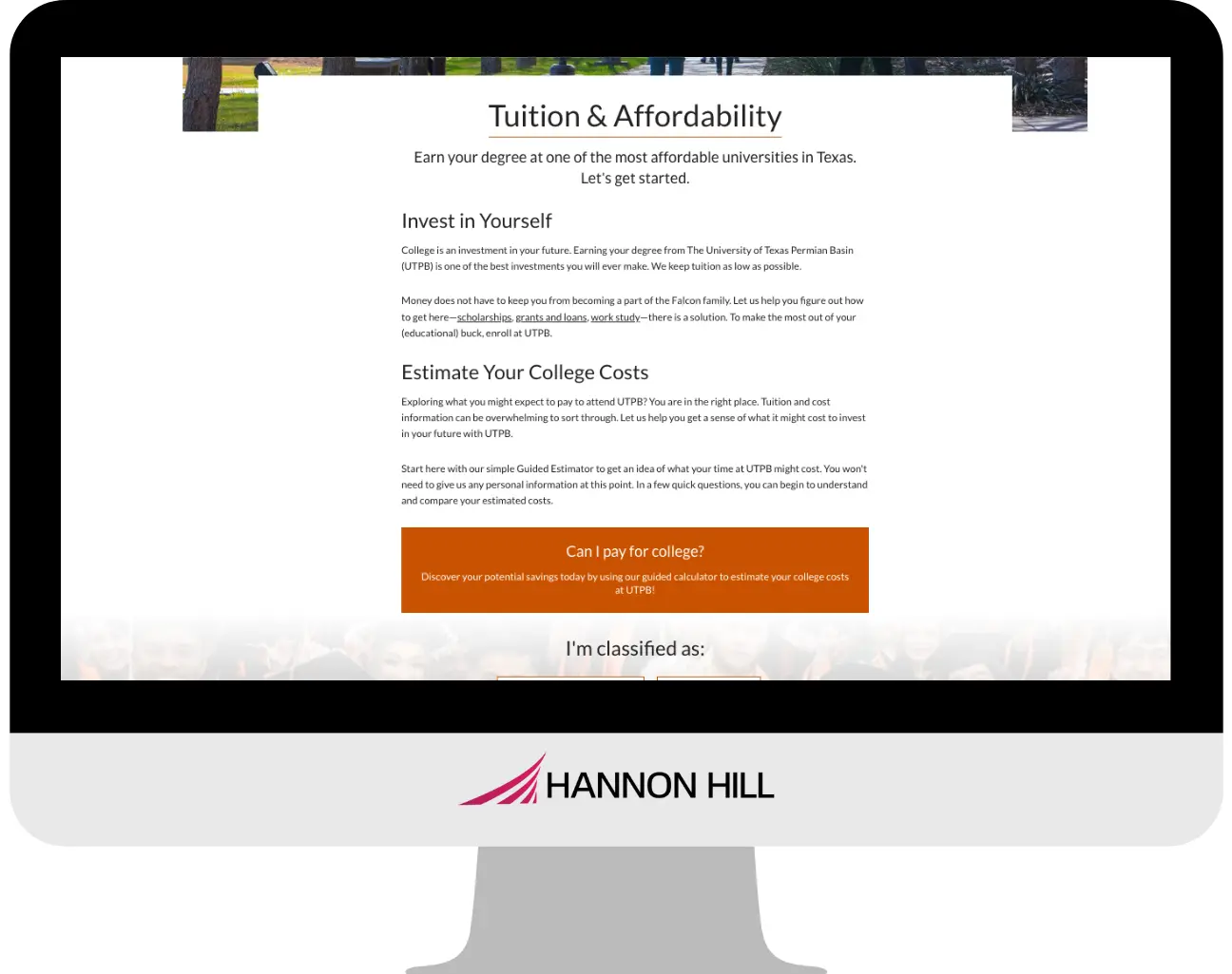 Screenshot of a webpage discussing tuition and affordability at Hannon Hill, featuring sections on investing in education and estimating college costs.