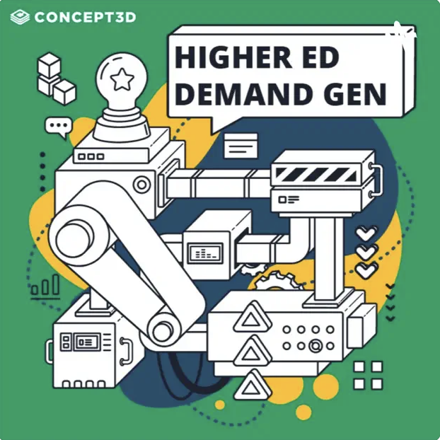 Illustration depicting an automated system with machinery and digital elements representing higher education demand generation.