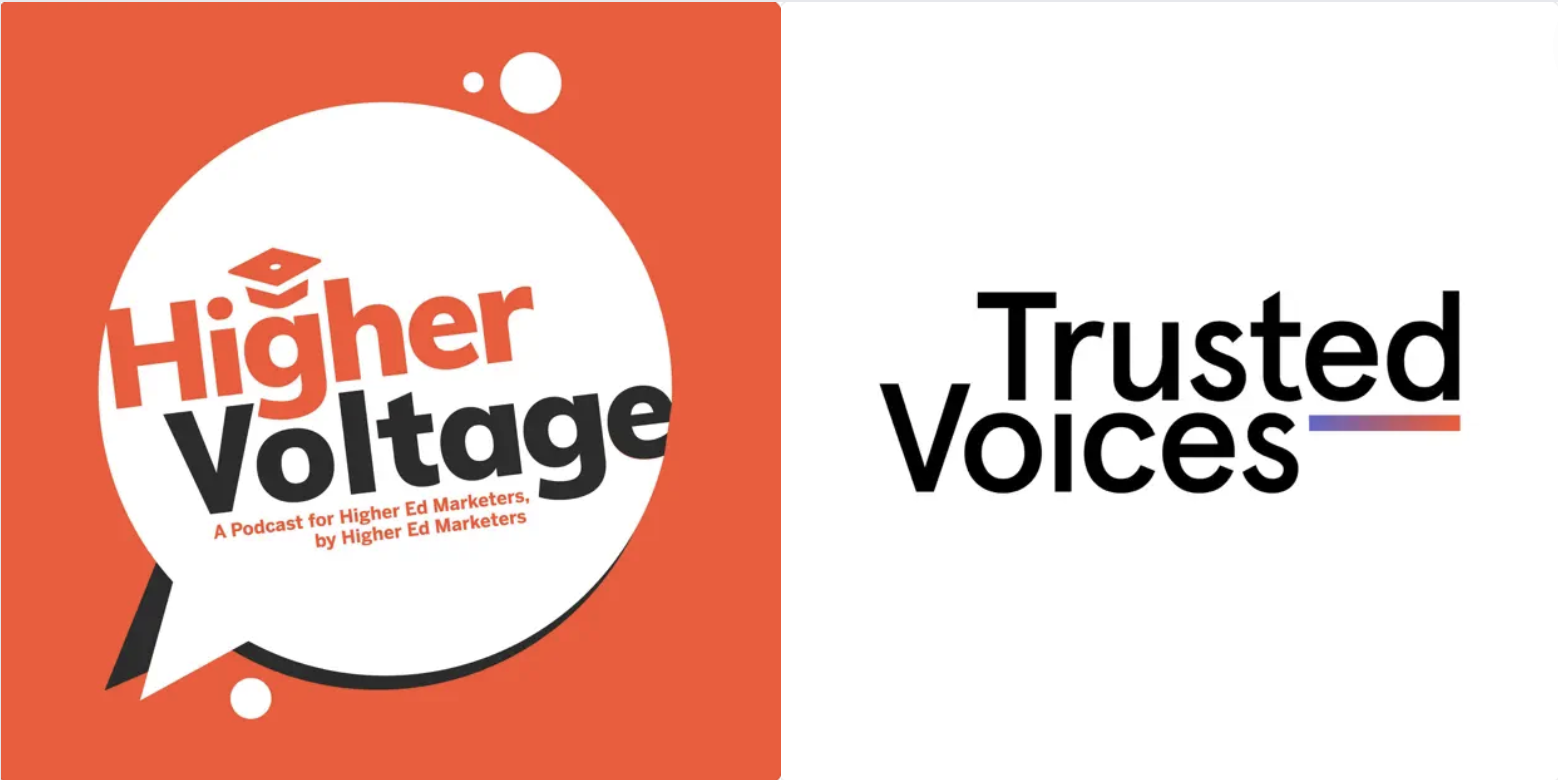 Logo for the podcast "Higher Voltage," featuring bold text and a graphic design with an orange background and a circular outline, alongside the logo for "Trusted Voices" in a modern font.