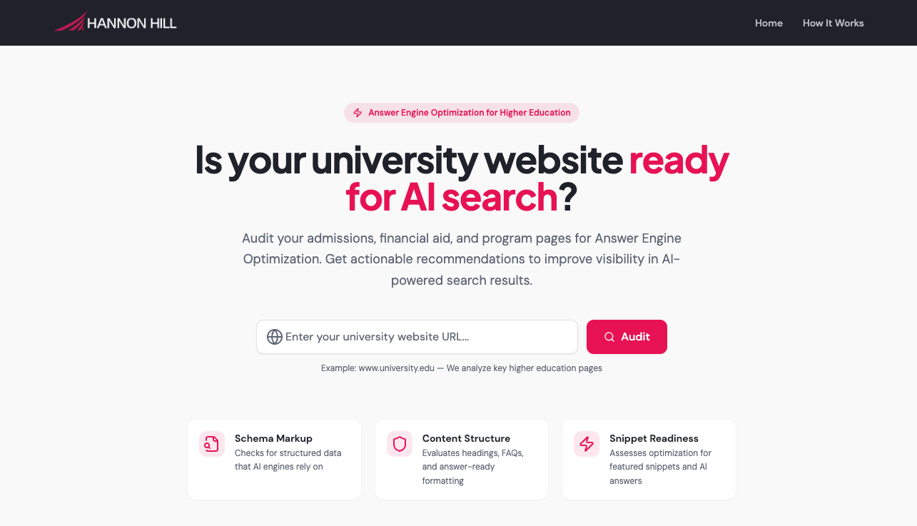 Hannon Hill landing page promoting answer engine optimization for higher education, with the headline “Is your university website ready for AI search?” and a URL input field with an “Audit” button.