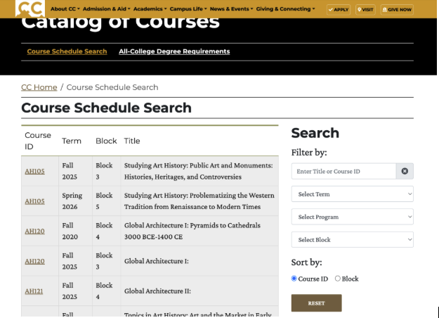 Screenshot of a college catalog webpage showing the “Course Schedule Search” table and a sidebar with search filters and sort options.