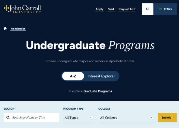 John Carroll University webpage header for “Undergraduate Programs,” with A–Z and Interest Explorer buttons and a search/filter bar below.