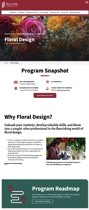 Screenshot of the Reynolds Community College Floral Design program webpage, featuring a flower banner and sections titled “Program Snapshot,” “Why Floral Design?” and “Program Roadmap.”