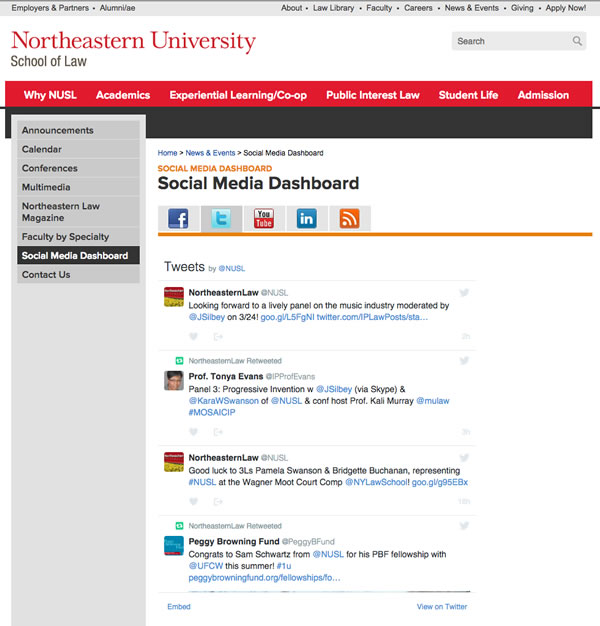 NEU Law's social media dashboard
